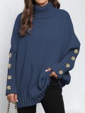 Women Pullover Women Button Knitting Solid Color High Neck Loose Knitted Sweater Tops