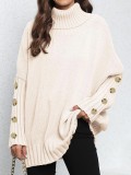 Women Pullover Women Button Knitting Solid Color High Neck Loose Knitted Sweater Tops