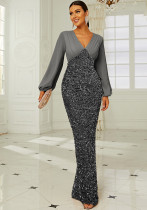 Luxury Long Sleeve Chic V-Neck Sexy Long Sequined Formal Party Evening Dress Bridesmaid Dress Luxury Long Sleeve Chic V-Neck Sexy Long Sequined Formal Party Evening Dress Bridesmaid Dress
