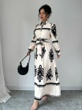 Women Autumn Winter Women Chic Contrast Holidays Print Button Dress