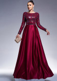 Luxury Long Sleeve Chic Round Neck Long Sequined Formal Party Swing Evening Dress Bridesmaid Dress