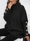 Women Pullover Women Button Knitting Solid Color High Neck Loose Knitted Sweater Tops
