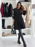 Women Turndown Collar Drawstring Solid Woolen Coat