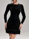 Women Season Sexy Long Sleeve Black Round Neck Dress