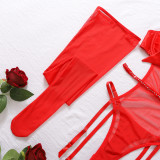 Women Beaded Patchwork Red Bow Bodysuit Sexy Lingerie