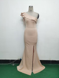 Women Beaded One-shoulder Slash Shoulder Evening Dress