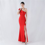 Women Beaded One-shoulder Slash Shoulder Evening Dress
