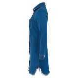 Women Denim Turndown Collar Button Long Sleeve Jacket Maxi Dress