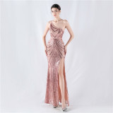 Women Flower Sequin Beaded One-shoulder Evening Dress