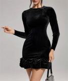 Women Season Sexy Long Sleeve Black Round Neck Dress