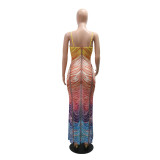 Women's Printed Fashion Sexy Slim Beaded Long Dress