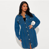Women Denim Turndown Collar Button Long Sleeve Jacket Maxi Dress