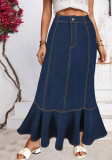 Women Button Elegant Fishtail Denim Skirt
