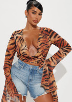 Women Autumn Sexy Bell Bottom Sleeve Lace-Up Tiger Skin Top