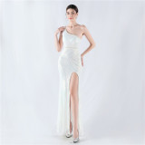 Women Flower Sequin Beaded One-shoulder Slash Shoulder Split Evening Dress