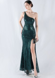 Women Flower Sequin Beaded One-shoulder Evening Dress