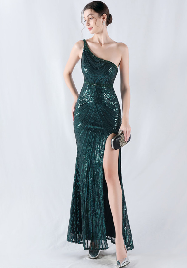 Women Flower Sequin Beaded One-shoulder Evening Dress
