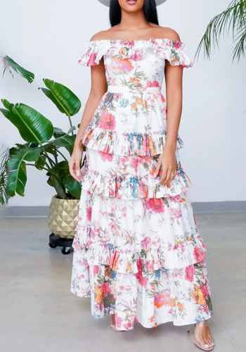 Women Round Neck Long Sleeve Printed Ruffle Dress