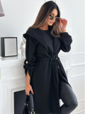 Women Turndown Collar Drawstring Solid Woolen Coat