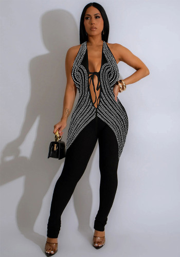 Women Halter Neck Stretchy Backless V-neck Jumpsuit