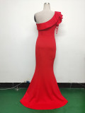 Women Beaded One-shoulder Slash Shoulder Evening Dress