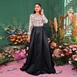 Luxury Long Sleeve Chic Round Neck Long Sequined Formal Party Swing Evening Dress Bridesmaid Dress