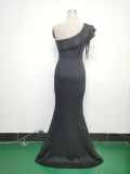 Women Beaded One-shoulder Slash Shoulder Evening Dress
