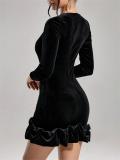 Women Season Sexy Long Sleeve Black Round Neck Dress