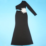 Women One-shoulder Long-sleeved Sexy Flower Beaded Dress