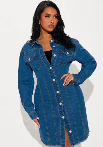 Women Denim Turndown Collar Button Long Sleeve Jacket Maxi Dress