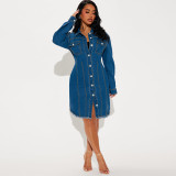 Women Denim Turndown Collar Button Long Sleeve Jacket Maxi Dress