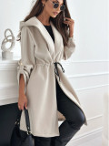 Women Turndown Collar Drawstring Solid Woolen Coat