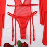 Women Beaded Patchwork Red Bow Bodysuit Sexy Lingerie