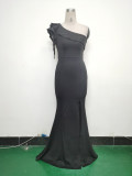 Women Beaded One-shoulder Slash Shoulder Evening Dress