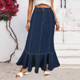 Women Button Elegant Fishtail Denim Skirt