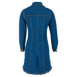Women Denim Turndown Collar Button Long Sleeve Jacket Maxi Dress