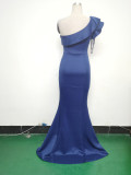 Women Beaded One-shoulder Slash Shoulder Evening Dress