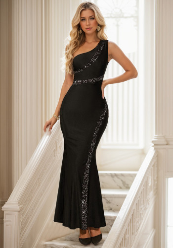 Women Solid color matching sequined one-shoulder fishtail Maxi evening dress