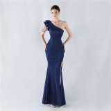 Women Beaded One-shoulder Slash Shoulder Evening Dress
