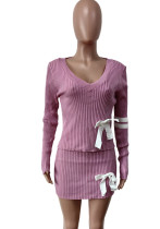 Women Casual Bowknot V-neck Sweater And Skirt Two Piece Set
