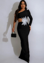 Women One-shoulder Long-sleeved Sexy Flower Beaded Dress