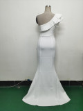 Women Beaded One-shoulder Slash Shoulder Evening Dress