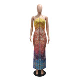 Women's Printed Fashion Sexy Slim Beaded Long Dress