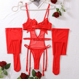 Women Beaded Patchwork Red Bow Bodysuit Sexy Lingerie