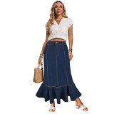 Women Button Elegant Fishtail Denim Skirt