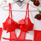 Women Beaded Patchwork Red Bow Bodysuit Sexy Lingerie