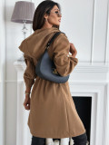 Women Turndown Collar Drawstring Solid Woolen Coat