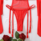 Women Beaded Patchwork Red Bow Bodysuit Sexy Lingerie