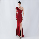 Women Beaded One-shoulder Slash Shoulder Evening Dress