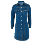 Women Denim Turndown Collar Button Long Sleeve Jacket Maxi Dress